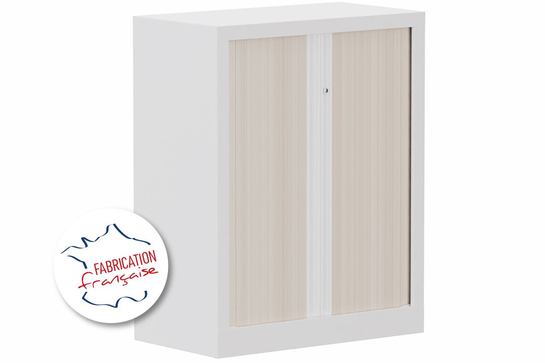 Armoire à rideaux H100xL80cm 2 tablettes, coffre blanc, rideaux acacia