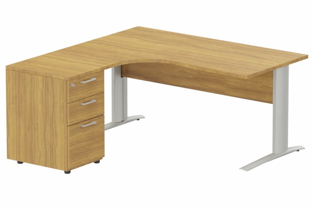 K1 Voile de fond Bois - Plan compact 90° asymétrique 180x162x80/60cm avec caisson HB bois 3 tiroirs - retour à gauche -Finitions : PLATEAUX: NOYER (NO) / PIETEMENTS: ALUMINIUM (AL) / CAISSONS MELAMINE: NOYER (NO)
