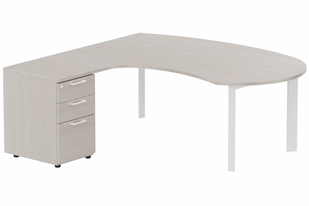 K7 compact 90° manager 190x141x104x60cm sur caisson HB mélamine 3 tiroirs, plateau acacia, structure blanc