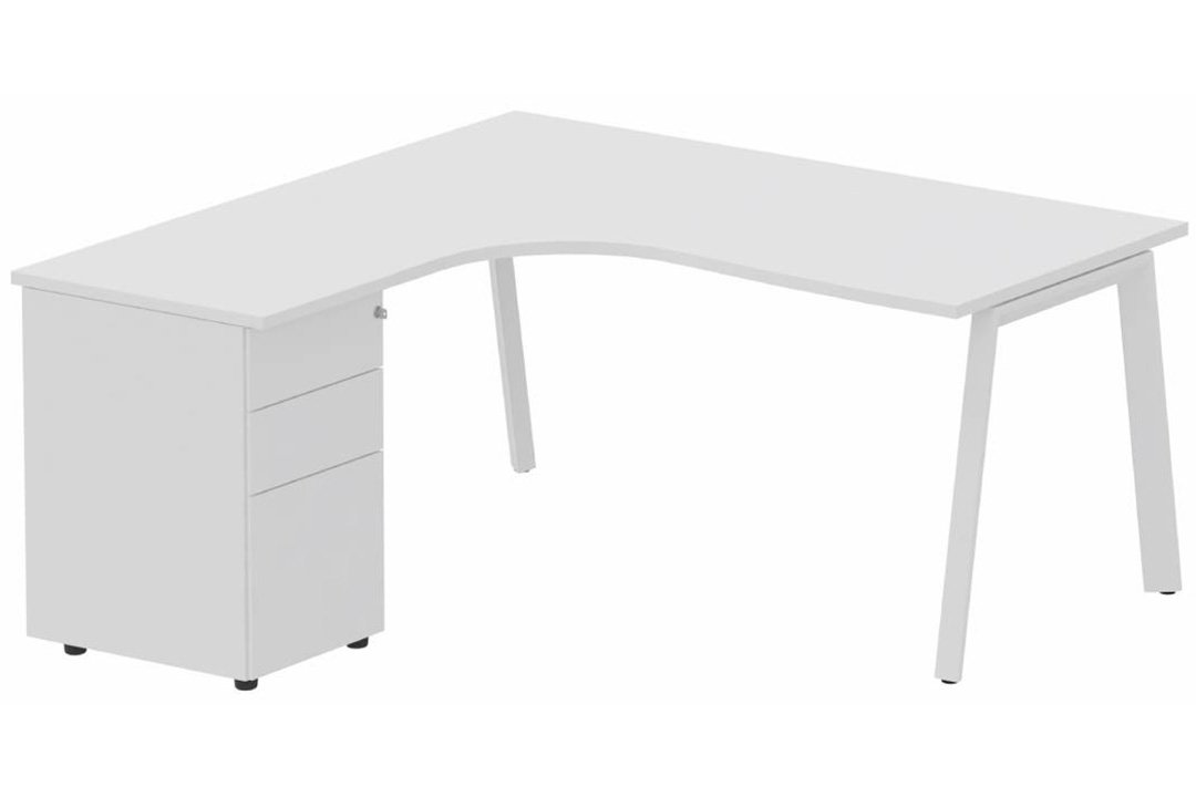 Plan compact 90° asymétrique avec caisson HB métal 160 x 162 x 80 / 60 cm, 3 tiroirs, plateau blanc, structure blanc