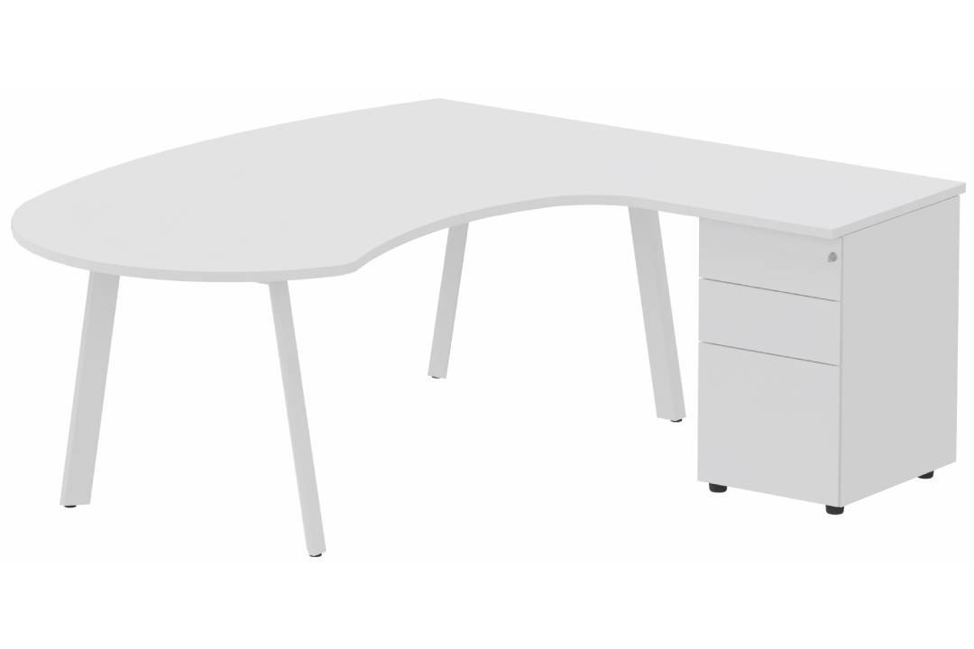 Plan compact 90° manager sur caisson HB métal 190 x 141 x 104 x 60 cm, 3 tiroirs, plateau blanc, structure blanc