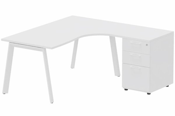 Gamme K8 - Plans compacts - Plan compact 90° asymétrique avec caisson HB bois 160 x 162 x 80 / 60 cm, 3 tiroirs, plateau blanc, structure blanc