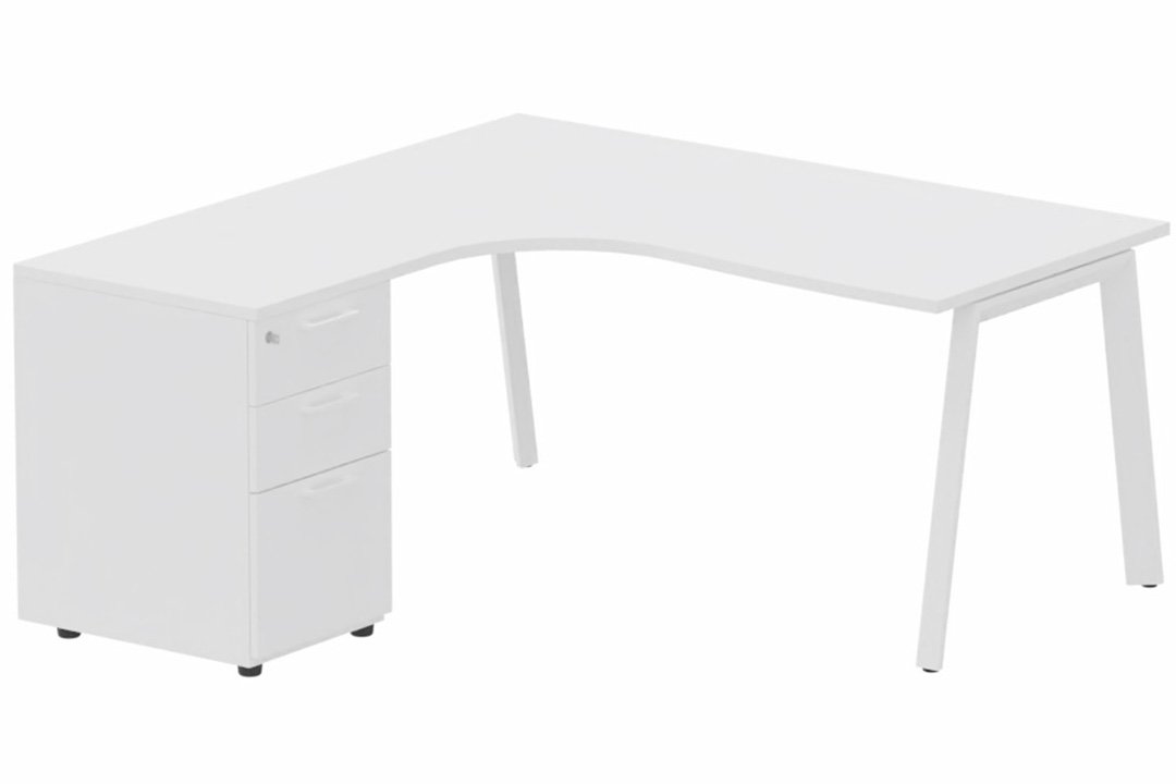 Plan compact 90° asymétrique avec caisson HB bois 160 x 162 x 80 / 60 cm, 3 tiroirs, plateau blanc, structure blanc