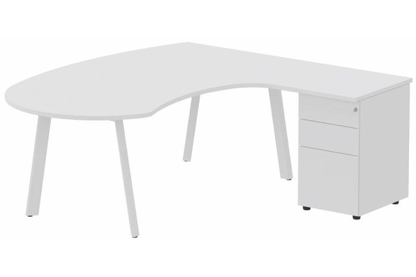 Gamme K8 - Plans compacts - Plan compact 90° manager sur caisson HB métal 190 x 141 x 104 x 60 cm, 3 tiroirs, plateau blanc, structure blanc