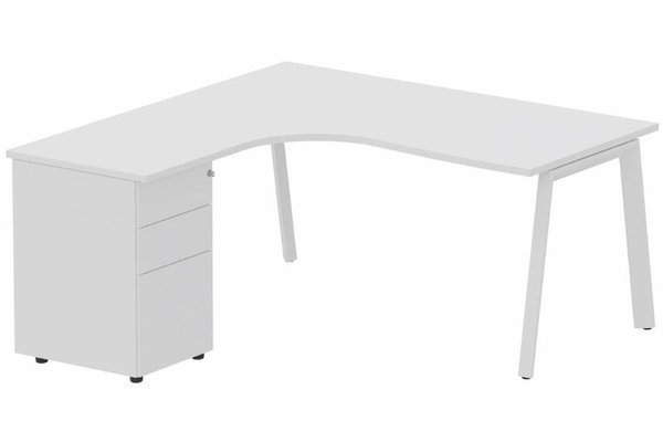 Gamme K8 - Plans compacts - Plan compact 90° asymétrique avec caisson HB métal 180 x 162 x 80 / 60 cm, 3 tiroirs, plateau blanc, structure blanc