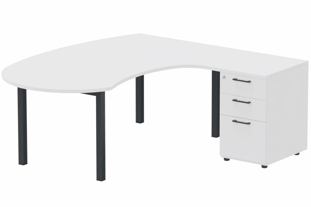 K3 compact 90° manager 190x141x104x60cm sur caisson HB mélamine 3 tiroirs, plateau blanc, structure anthracite