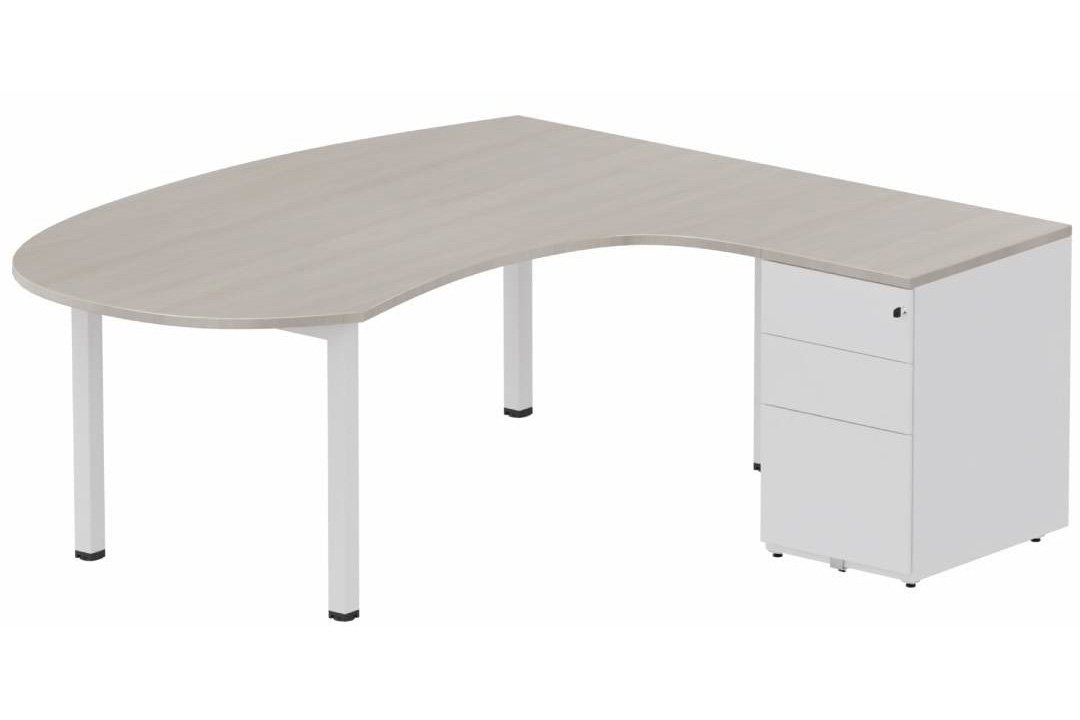 K3 compact 90° manager 190x141x104x60cm sur caisson HB métal 3 tiroirs, plateau acacia, structure blanc