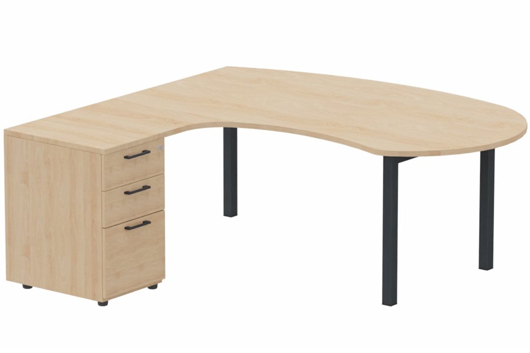 K3 compact 90° manager 190x141x104x60cm sur caisson HB mélamine 3 tiroirs, plateau hêtre, structure anthracite