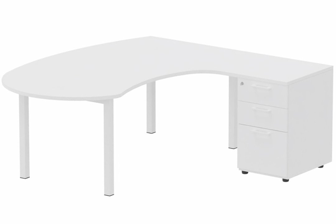 K3 compact 90° manager 190x141x104x60cm sur caisson HB mélamine 3 tiroirs, plateau blanc, structure blanc