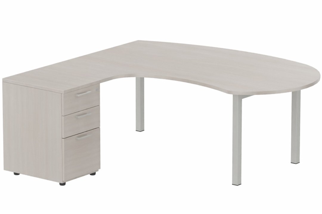 K3 compact 90° manager 190x141x104x60cm sur caisson HB mélamine 3 tiroirs, plateau acacia, structure aluminium