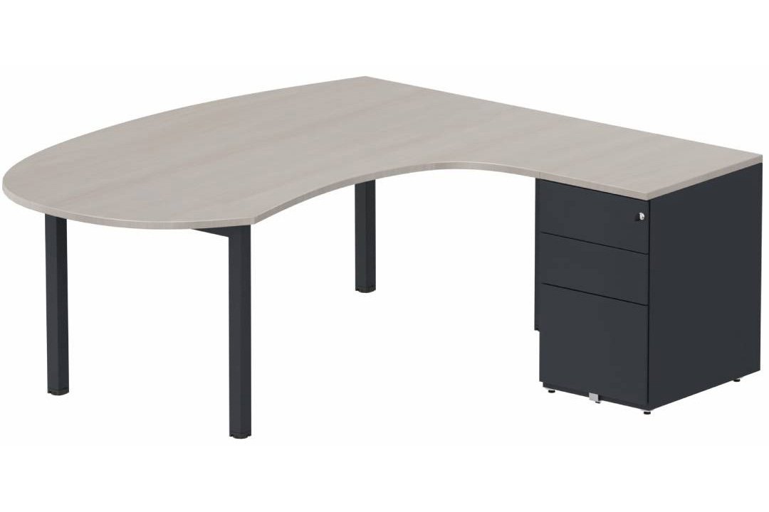 K3 compact 90° manager 190x141x104x60cm sur caisson HB métal 3 tiroirs, plateau acacia, structure anthracite