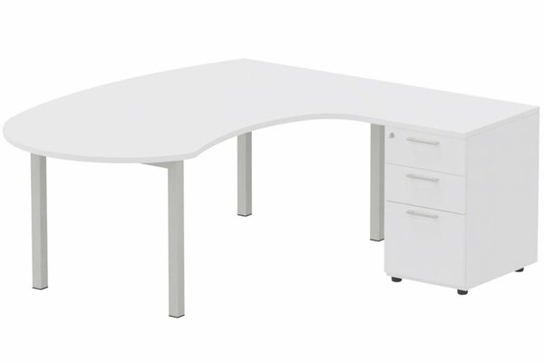 Gamme K3 - Plans compacts - K3 compact 90° manager 190x141x104x60cm sur caisson HB mélamine 3 tiroirs, plateau blanc, structure aluminium