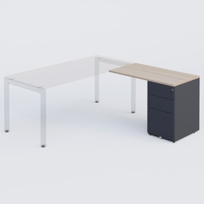 Gamme K3 - Extensions - Plans droits - Retour direct 100x60cm sur caisson métal HB P.60cm 3 tiroirs, plateau acacia, structure anthracite