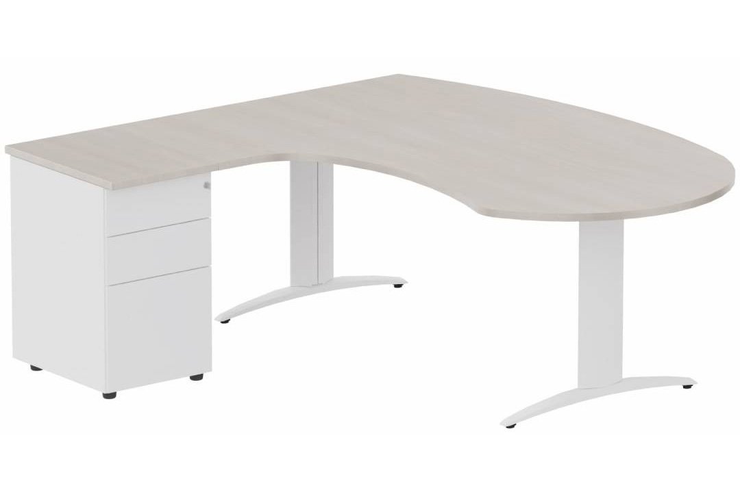 K2 compact 90° manager 190x141x104x60cm sur caisson HB métal 3 tiroirs, plateau acacia, structure blanc
