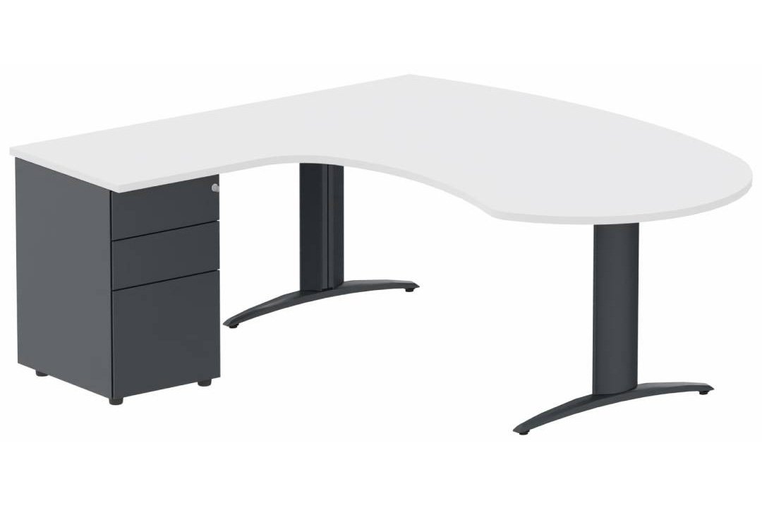 K2 compact 90° manager 190x141x104x60cm sur caisson HB métal 3 tiroirs, plateau blanc, structure anthracite