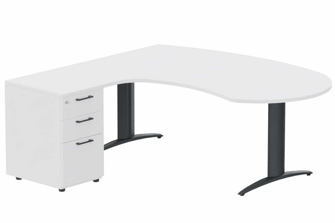 K2 compact 90° manager 190x141x104x60cm sur caisson HB mélamine 3 tiroirs, plateau blanc, structure anthracite