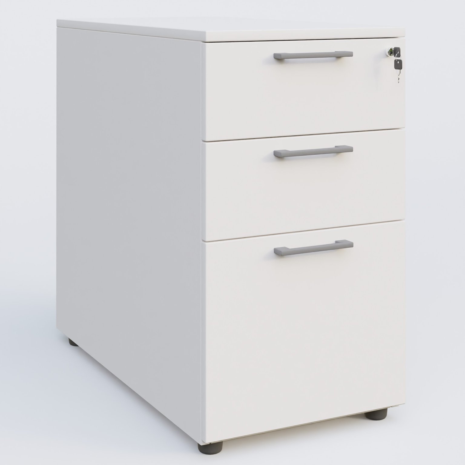 Caisson hauteur de bureau mélamine 3 tiroirs, profondeur 60cm. Caisson Blanc et poignets Aluminium.