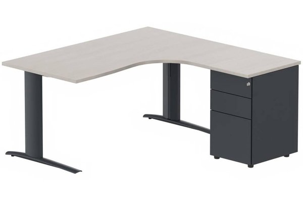 Gamme K1 - Plans compacts - Bureau retour à droite, caisson métal, 160x162x80cm