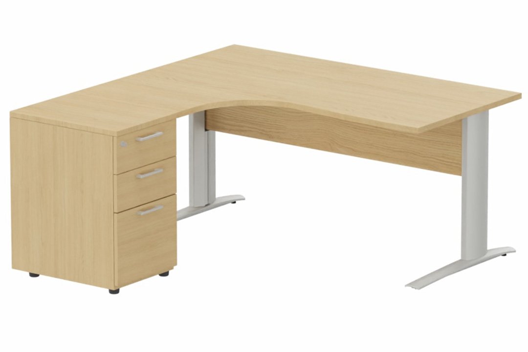 K1 Voile de fond Bois - Plan compact 90° asymétrique 180x162x80/60cm avec caisson HB bois 3 tiroirs - retour à gauche -Finitions : PLATEAUX: CHENE (CE) / PIETEMENTS: ALUMINIUM (AL) / CAISSONS MELAMINE: CHENE (CE)