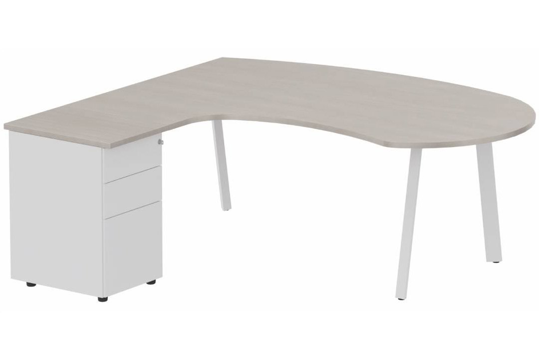 Plan compact 90° manager sur caisson HB métal 190 x 141 x 104 x 60 cm, 3 tiroirs, plateau acacia, structure blanc