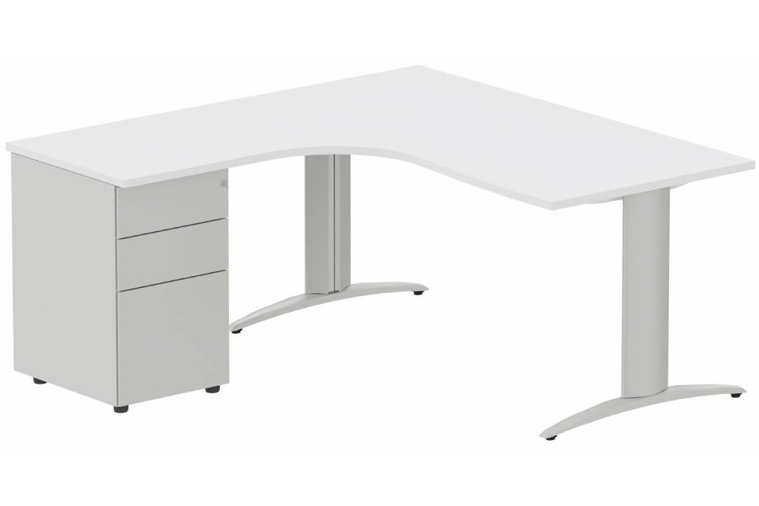 Plan Compact 90° asymétrique 180x162x80/60cm retour à gauche avec caisson HB métal 3 tiroirs blanc/aluminium - sur délai