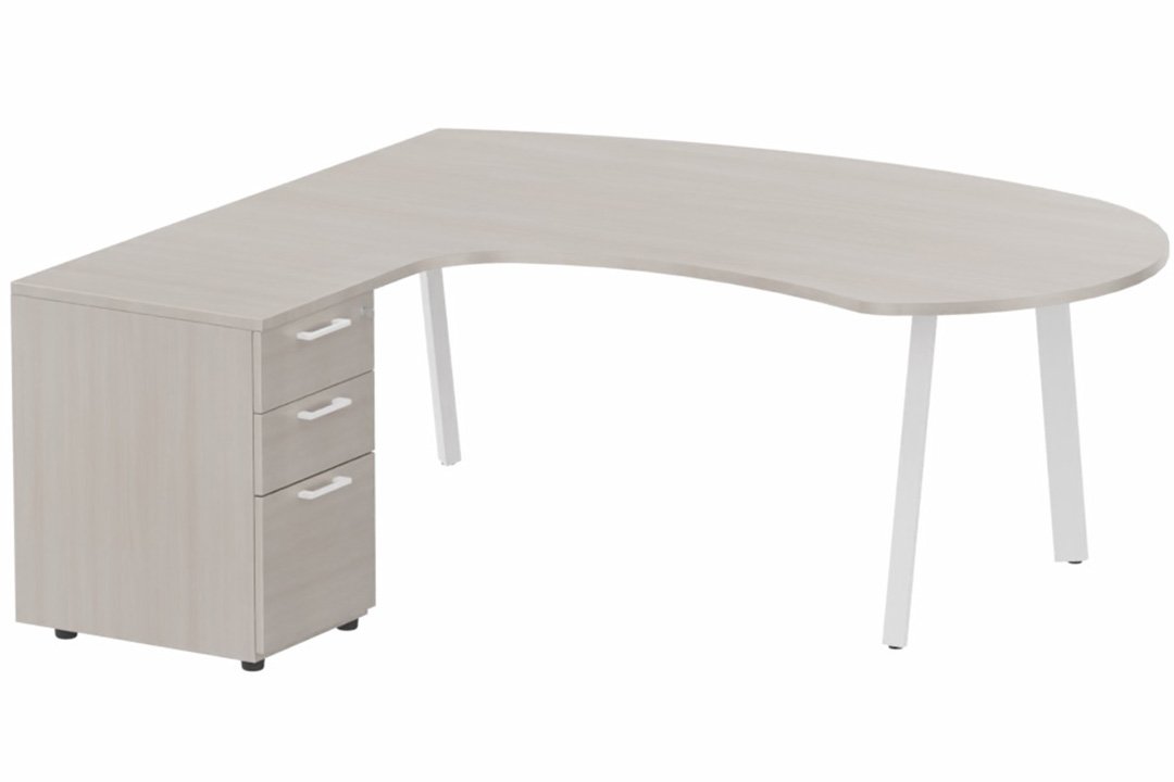 Plan compact 90° manager sur caisson HB bois 190 x 141 x 104 x 60 cm, 3 tiroirs, plateau acacia, structure blanc
