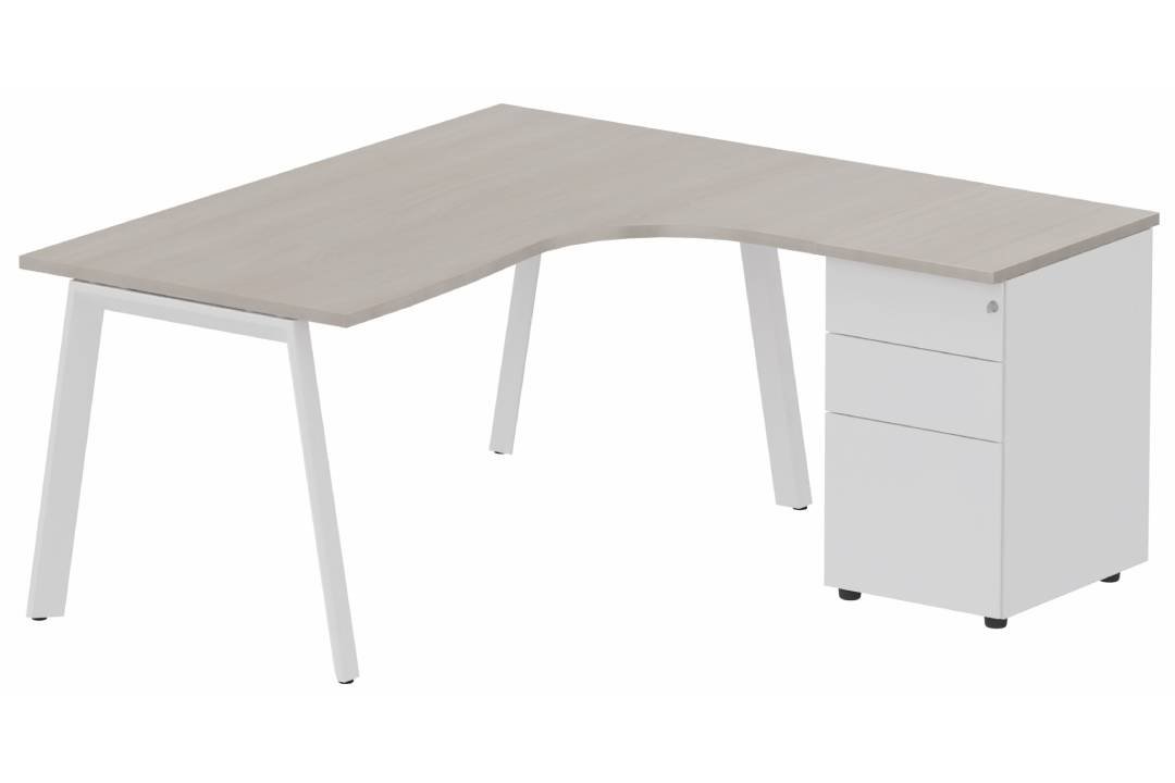 Plan compact 90° asymétrique avec caisson HB métal 160 x 162 x 80 / 60 cm, 3 tiroirs, plateau acacia, structure blanc