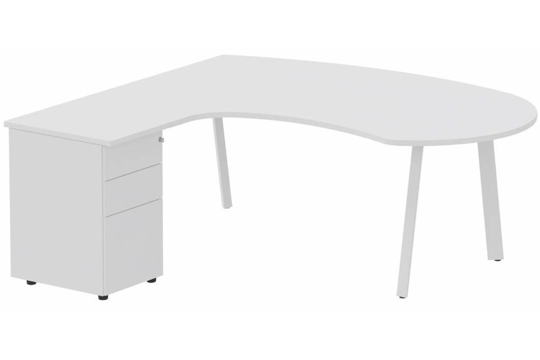 Plan compact 90° manager sur caisson HB métal 190 x 141 x 104 x 60 cm, 3 tiroirs, plateau blanc, structure blanc