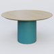 Table Basse Fashion Styl piètement colonne en métal D-26cm et plateau bois. Plateau Chêne et pietement Bleu Petrole (RAL 5025).