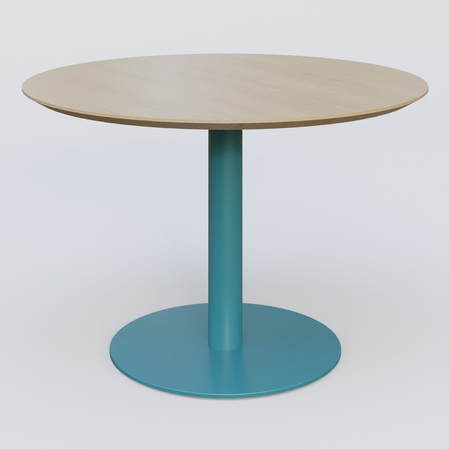 Table Basse Fashion Styl piètement colonne en métal et plateau bois. Plateau Chêne et pietement Bleu Petrole (RAL 5025).