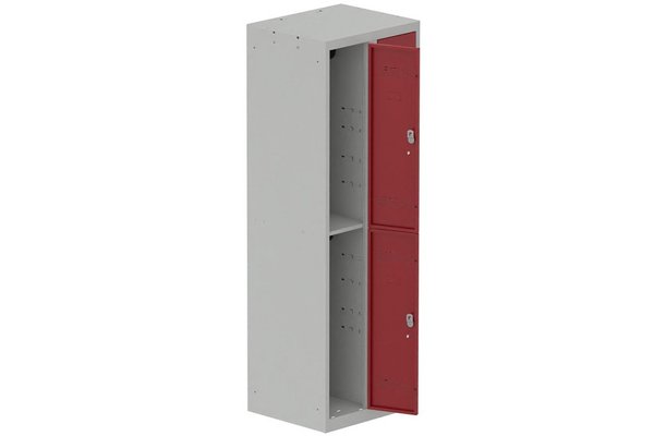 [Pas de famille] - [Pas de sous famille] - Vestiaire multicases 2 colonnes L,30cm 2 cases (fermeture cadenas) H,180xL,60xP,50cm coffre gris clair/portes rouge