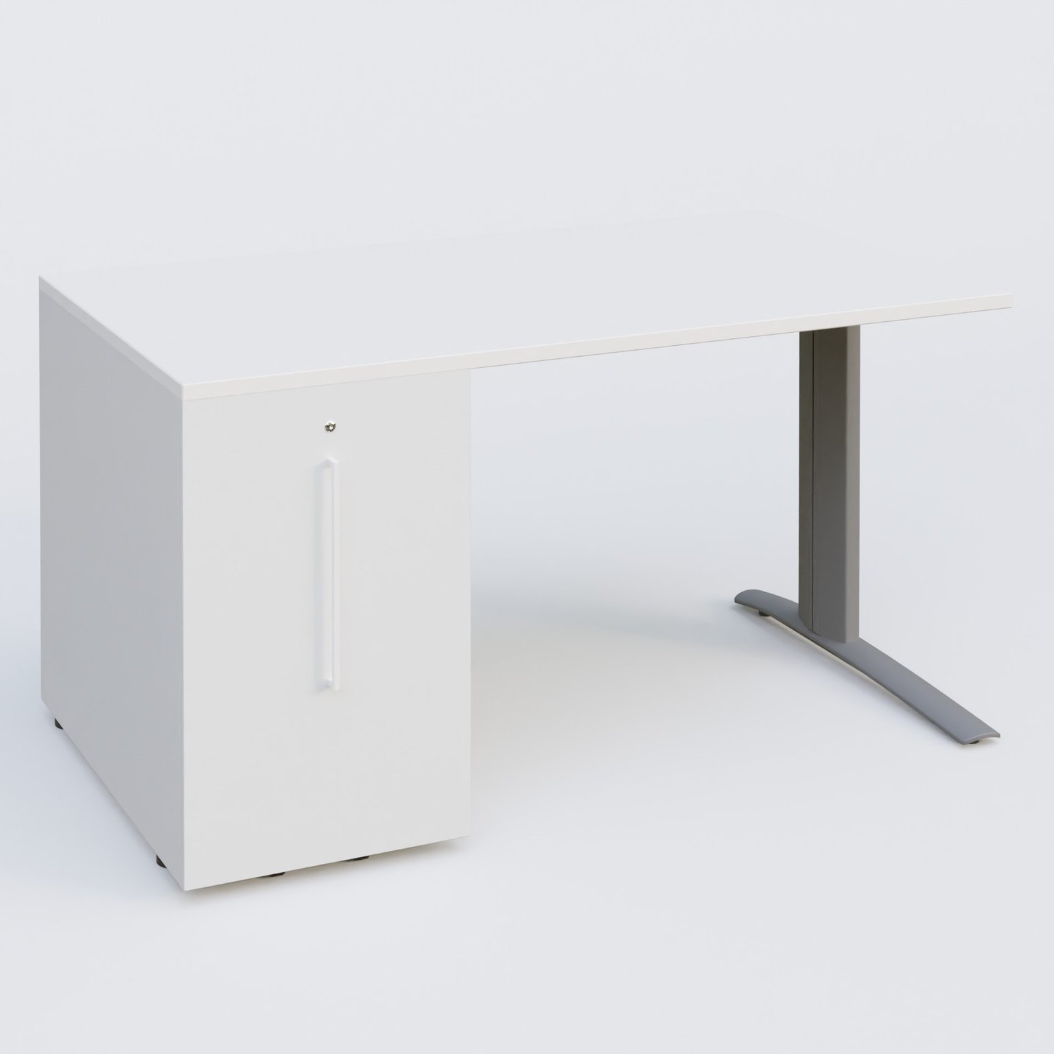 K1 Plateau droit 140x80 avec tour de rangement sous plateau à gauche. Plateau Blanc et pietement Aluminium