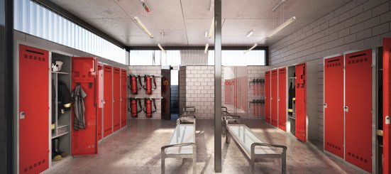 [Pas de famille] - [Pas de sous famille] - Vestiaire pompiers 1 colonne (fermeture cadenas) H,194xL,50xP,50cm coffre gris clair/portes rouge