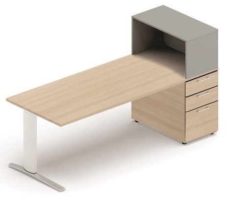 Série K1 - Plans Droits - Plan droit, structure poutre, 120x80cm + niche sur caisson HB 3 tiroirs dont 1 pour DS 42x80, plateau acacia, structure aluminiu