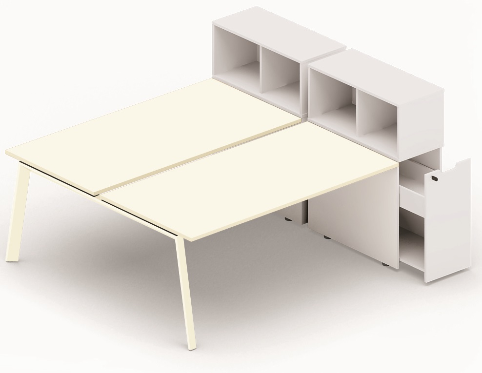 K8 Bench départ avec niche sur rangement personnel 176x80cm encombrement 176x165cm, plateau blanc, structure blanc