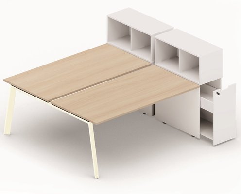 POSTES BENCH - Série K8 - K8 Bench départ avec niche sur rangement personnel 216x80cm encombrement 216x165cm, plateau acacia, structure blanc