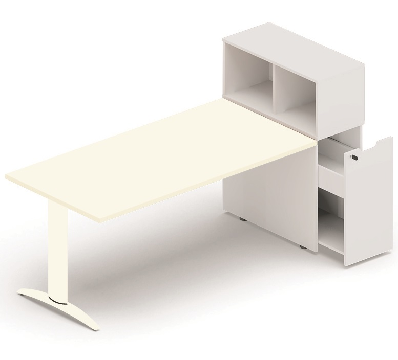 Plan droit 176x80cm avec rangement personnel + niche juxtaposée, plateau blanc, structure blanc