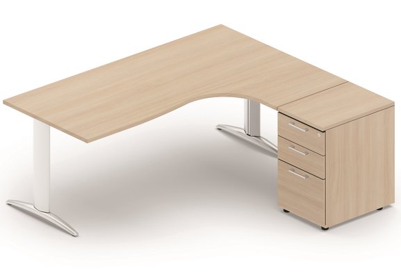 SERIE K2 - Plans compacts - Plan Compact 90° asymétrique 200x162x80/80cm retour à droite avec caisson HB bois 3 tiroirs, acacia/aluminium