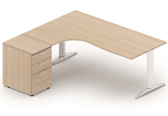 SERIE K2 - Plans compacts - Plan Compact 90° asymétrique 200x162x80/80cm retour à gauche avec caisson HB bois 3 tiroirs, acacia/aluminium