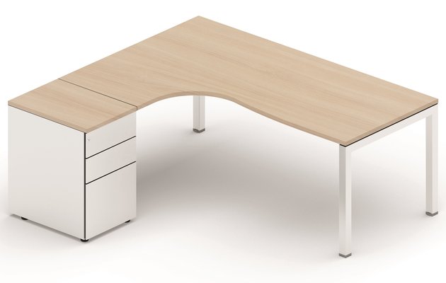 SERIE K3 - Plans compacts - Plan Compact 90° asymétrique 200x162x80/80cm retour à gauche avec caisson HB métal 3 tiroirs, acacia/aluminium