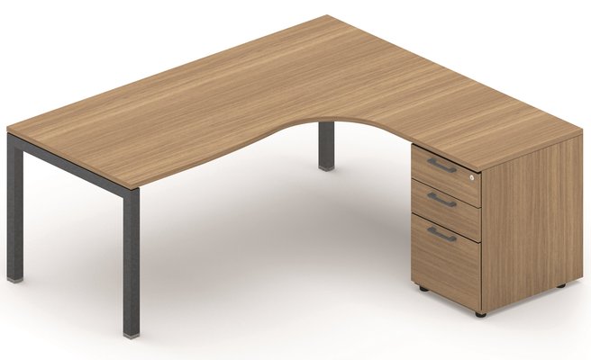 SERIE K2 - Plans compacts - Plan Compact 90° asymétrique 180x162x80/60cm retour à droite avec caisson HB bois 3 tiroirs noyer ambré/anthracite
