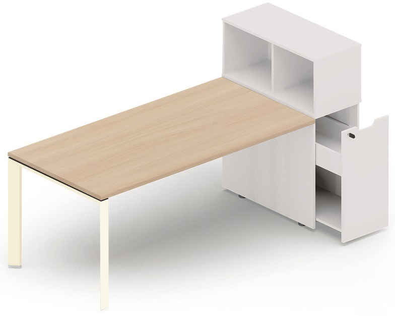 Plan droit 156x80cm avec rangement personnel + niche juxtaposée, plateau acacia, structure blanc