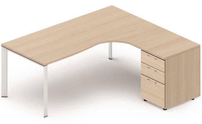 SERIE K7 - Plans compacts - Plan Compact 90° asymétrique 200x162/80cm retour à droite avec caisson HB bois 3 tiroirs, plateau acacia, structure aluminium