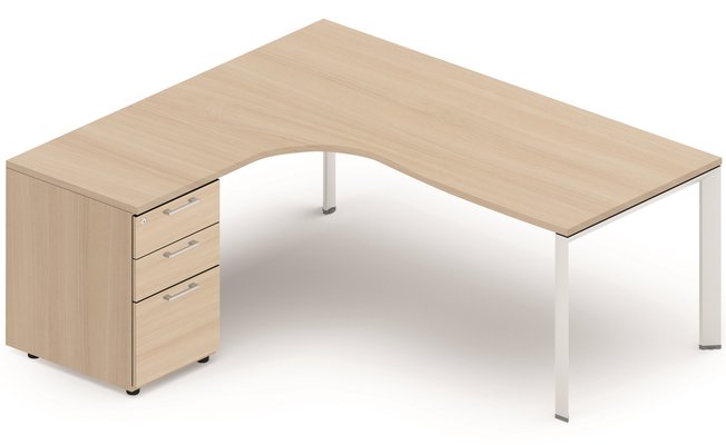 SERIE K7 - Plans compacts - Plan Compact 90° asymétrique 200x162/80cm retour à gauche avec caisson HB bois 3 tiroirs, plateau acacia, structure aluminium