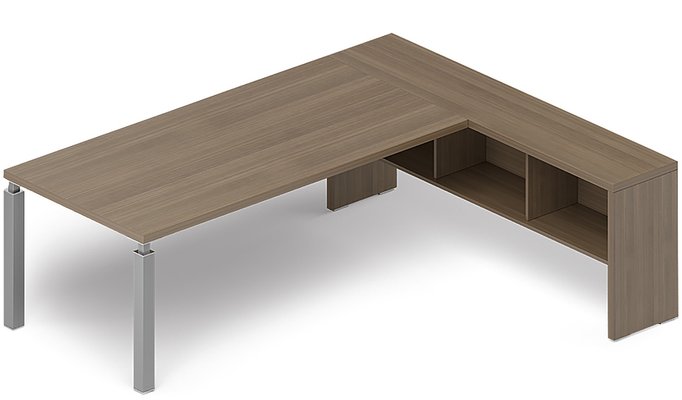 SERIE X4 - Tables de bureau avec retour - X4 Ensemble de bureau avec console ouverte 221x200cm sur pieds aluminium /noyer ambré