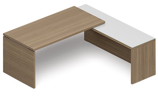 SERIE X5 - Tables de Bureau avec retour - X5 Ensemble de bureau 210x200cm : table 180x90cm avec retour mur débordant top verre 60x200cm /noyer ambré