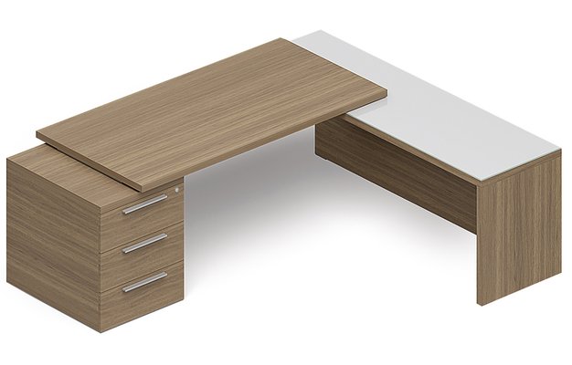 SERIE X5 - Tables de Bureau avec retour - X5 Ensemble de bureau 236x200cm : table 180x90cm avec retour mur et caisson débordant top verre 60x200cm /noyer ambré