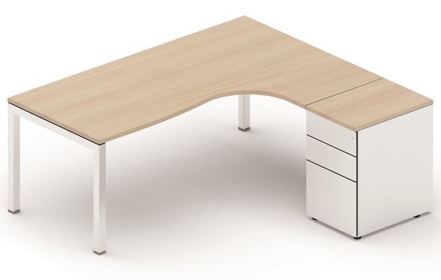 SERIE K3 - Plans compacts - Plan Compact 90° asymétrique 200x162x80/80cm retour à droite avec caisson HB métal 3 tiroirs, acacia/aluminium