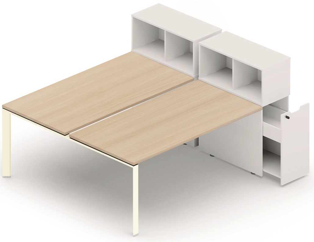 K7 Bench départ avec niche sur rangement personnel 156x80cm encombrement 156x165cm, plateau acacia, structure blanc