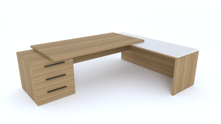 Gamme X5 - Tables de Bureau avec retour - X5- Plan Manager 200x100cm sur caisson XXL 3 tiroirs avec retour mur débordant top verre (encombrement 256x200cm) Finitions = Plateau : noyer /Plateau : Verre (VB)/ Caisson: noyer